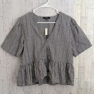 Madewell Black and White Gingham Peplum Wrap Top